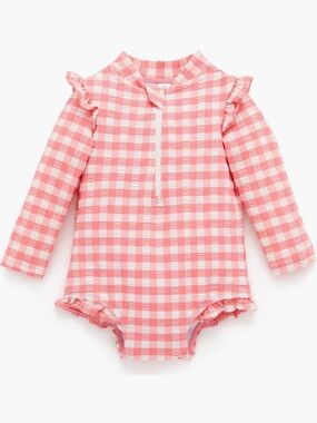 Purebaby Pink Gingham Long-Sleeve One-Piece Swimsuit